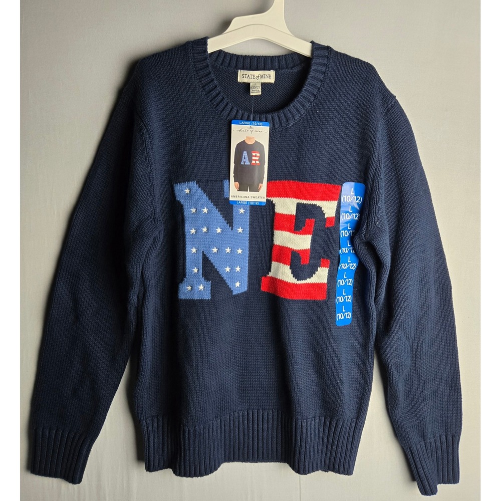 State of Mine Kids Americana Sweater Navy Blue USA Graphic Knit Large 10/12 NWT